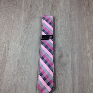 JF J. Ferrar Pink & Silver Plaid w Clip Narrow Tie